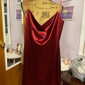 Red satin side slit a line cami dress